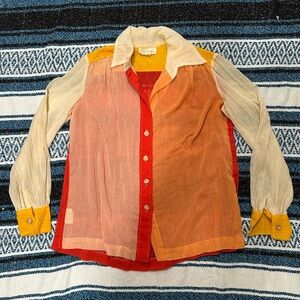 Vtg 70’s Bill Atkinson Glen Of Michigan Mod Patchwork Top Sheer Blouse Size 10